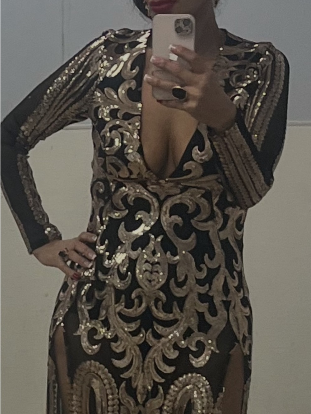 Black Cocktail Dress with Rose Gold Sequin Baroque Embroidery,